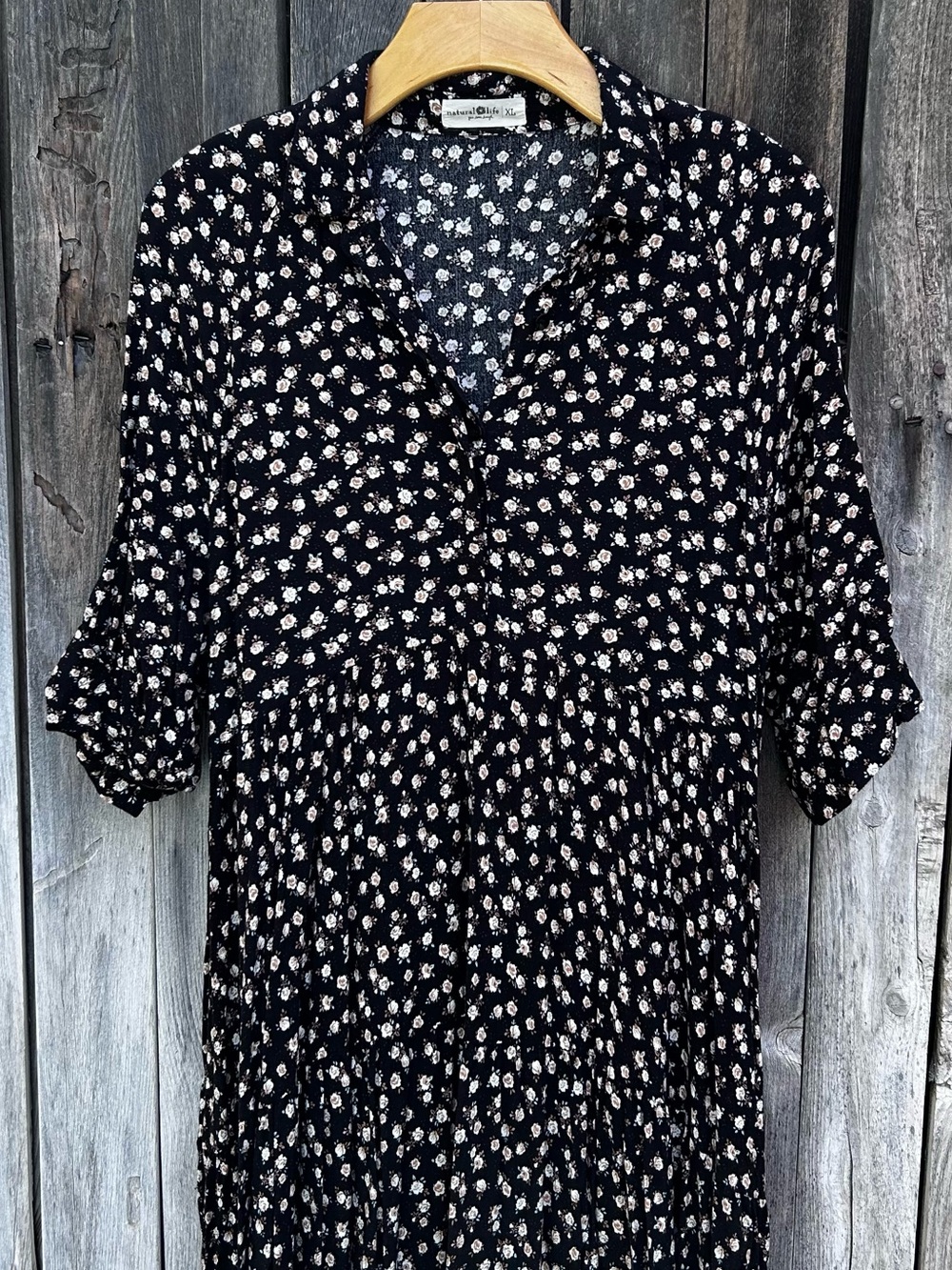 Natural Life Rebecca Midi Dress Rose Floral Print Rayon Black Cream XL - Picture 4 of 16